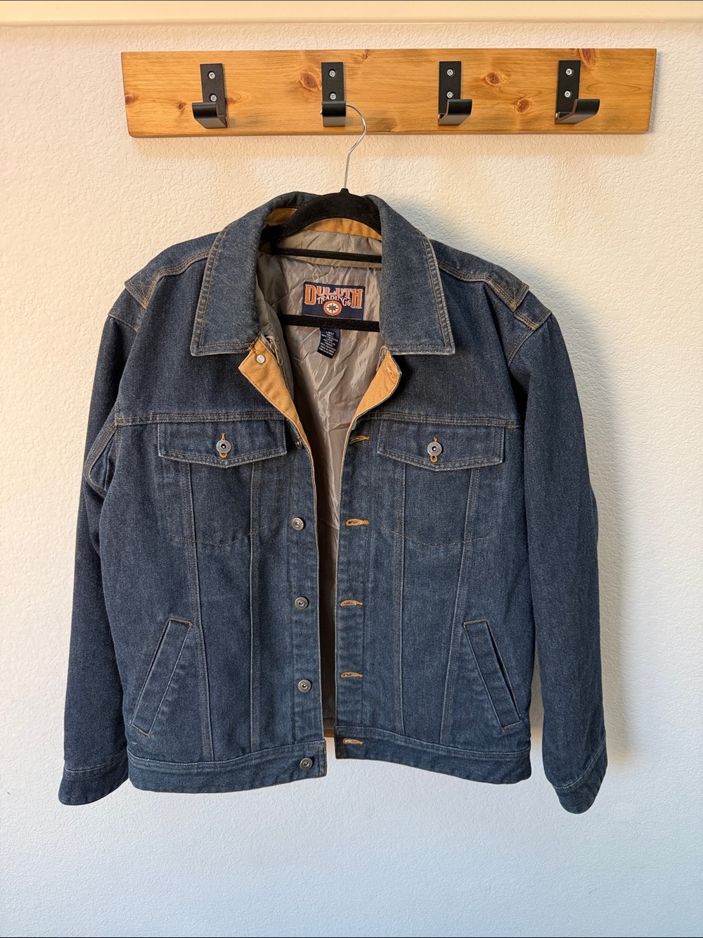 Duluth Trading Co Dark Blue Denim Jacket with Tan Trim